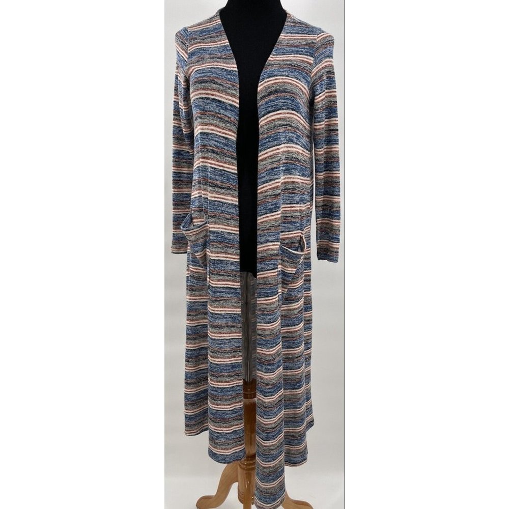 Lularoe Striped Open Front Duster Jacket Cardigan Blue Gray Rust Size XS‎